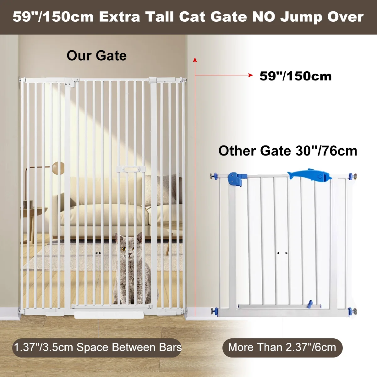 Ulifemate 59" Extra Tall Cat Gate, 30"-45" Extra Wide Pet Gate with 4" and 7.85" Extension Kits, Pressure Mount Kit Gate, White
