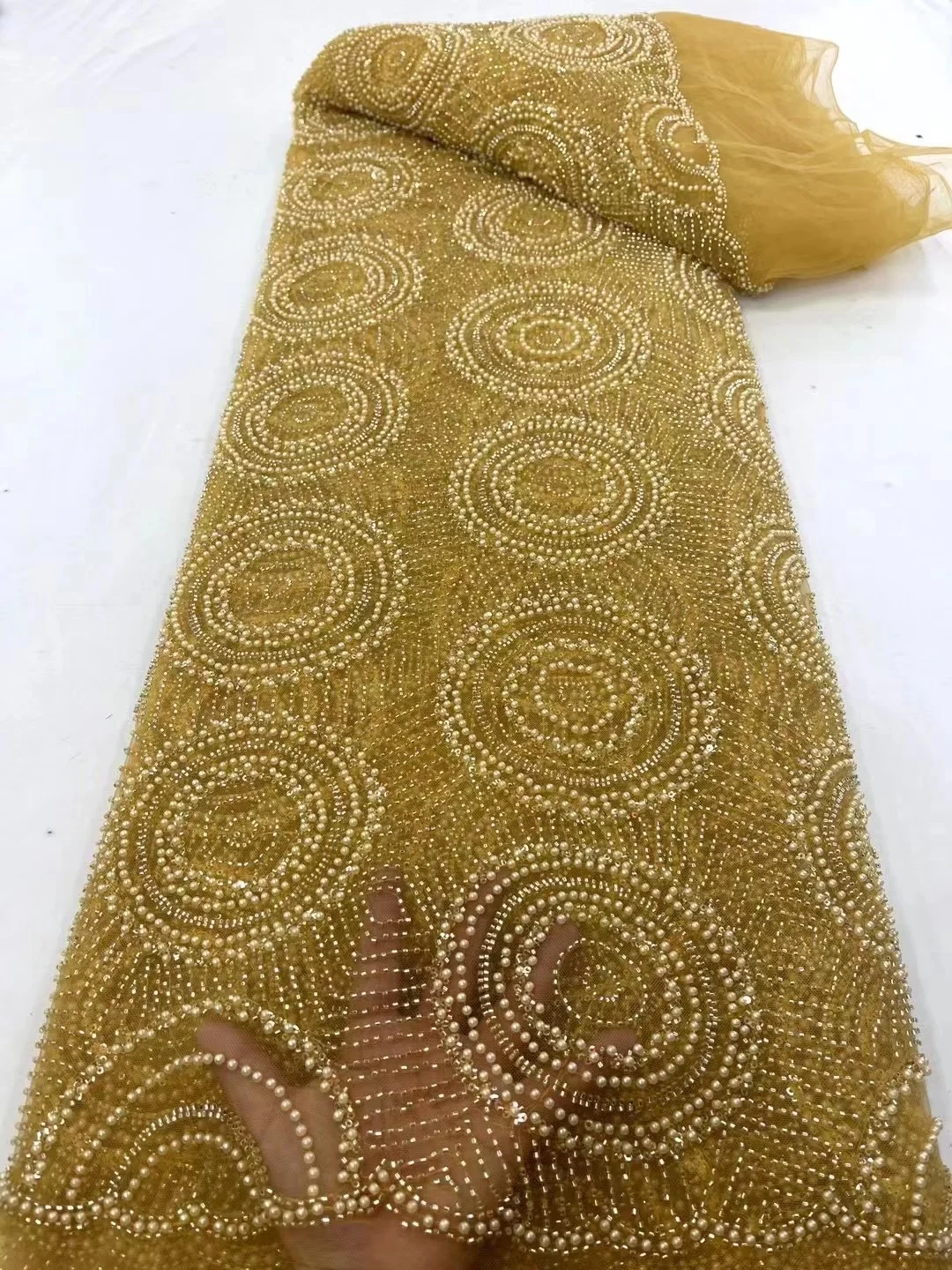 

Gold African Groom Lace Fabric 2023 French Nigerian Sequins Lace Fabrics High Quality Tulle Lace For Women Dress Sewing