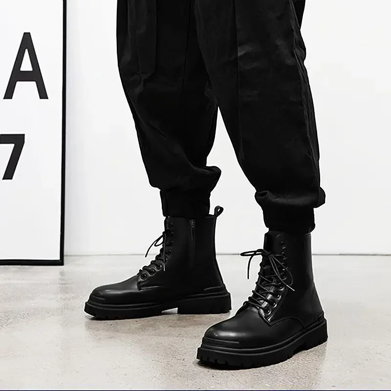 Leather Shoes for Men Platform High Top Thick Sole Black Man Casual Boots Pu Cowhide Footwear Offer Retro Legitimate Designer - Image 4