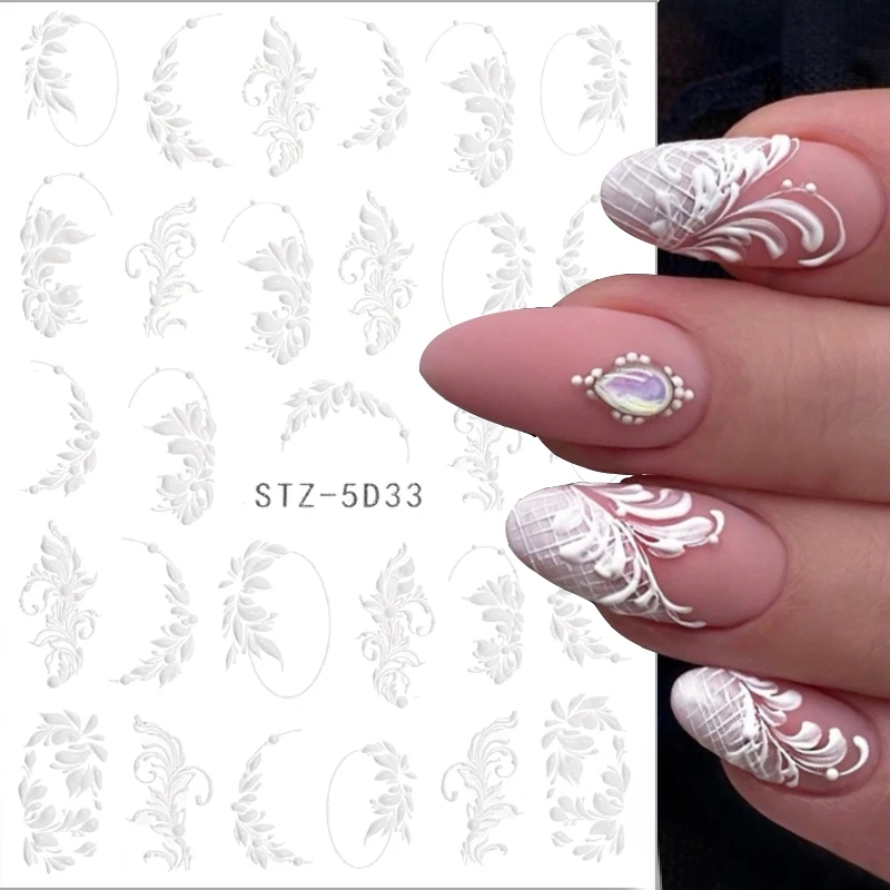 

5D Embossed Flowers Nail Stickers White Florals Leaves Nail Art Sliders Decals Adhesive Engraved Manicure Decoration Stickers