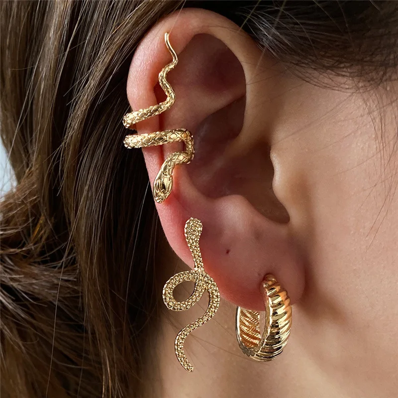 3Pcs/Set Snake Clips On Earrings for Women Vintage Charm Round Ear Bone Punk Cuffs Personality Jewelry Valentine's Gift