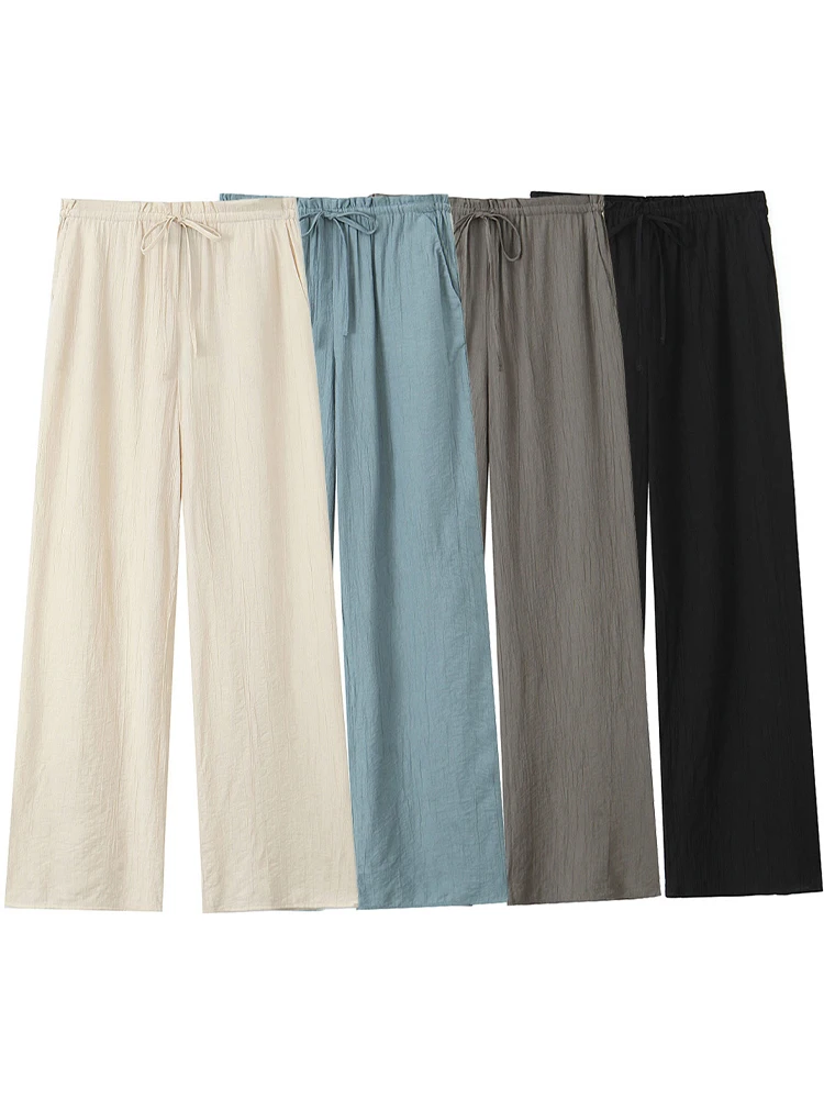 Willshela Women Fashion Solid Texture Drawstring Straight Pants Vintage High Elastic Waist Full Length Female Chic Lady Trousers