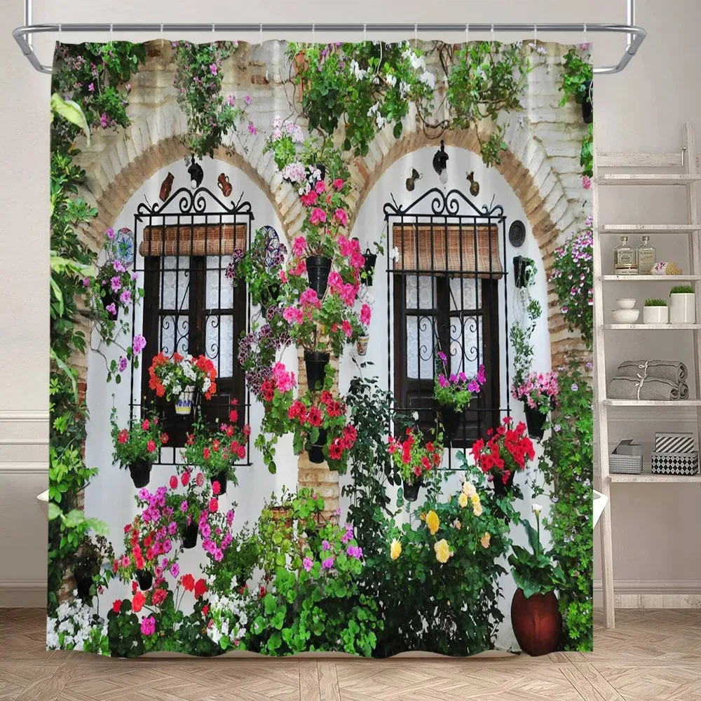 Fence Flowers Shower Curtains Blue Window Nature Floral Plants Scenery Modern Garden Wall Hanging Home Bathroom Decor with Hooks 4