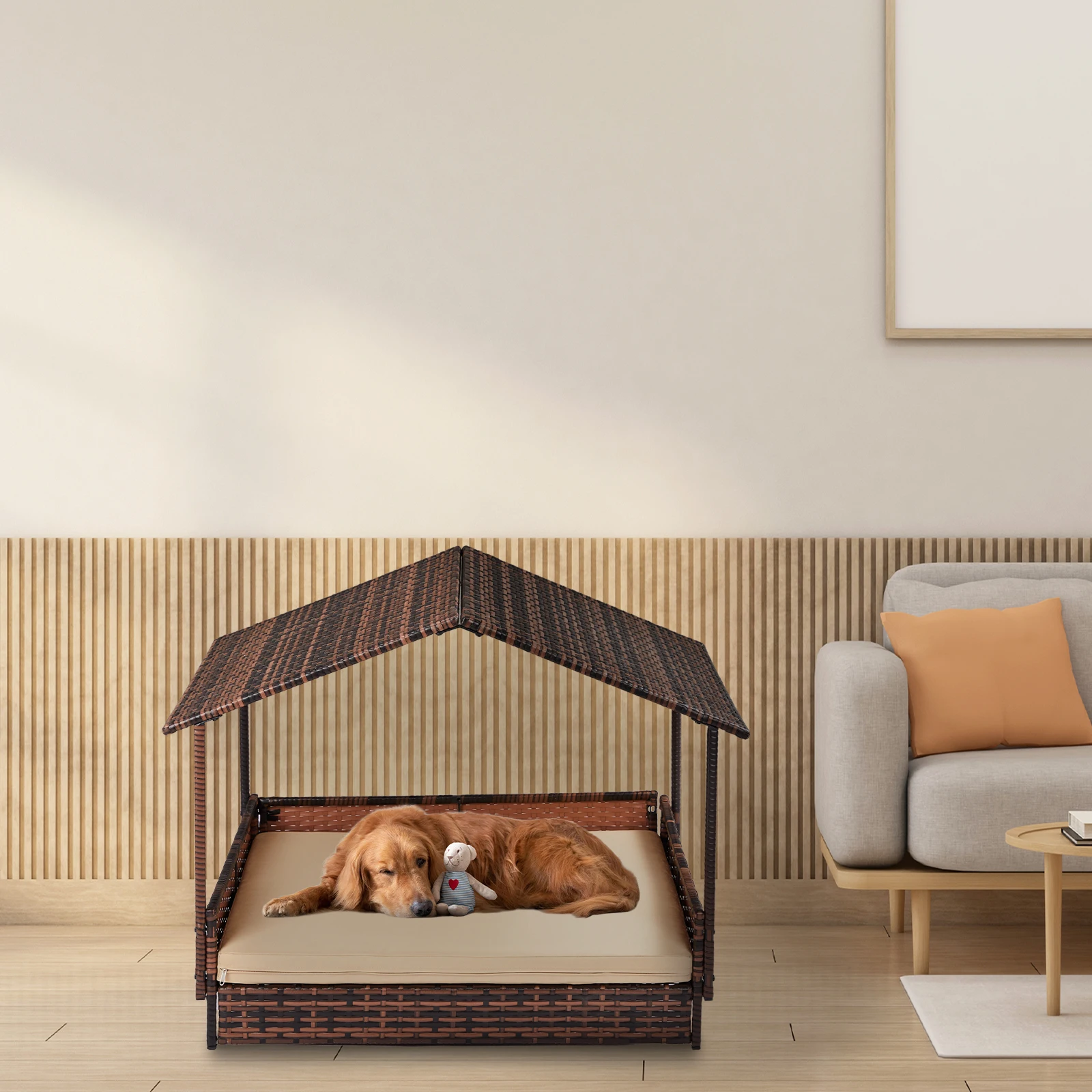 Wicker Dog House, Elevated Rattan Dog Bed with Canopy and Washable Cushion Cover, Indoor Outdoor Raised Pet House
