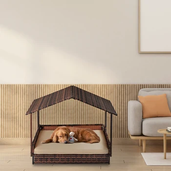 Wicker Dog House, Elevated Rattan Dog Bed with Canopy and Washable Cushion Cover, Indoor Outdoor Raised Pet House 6
