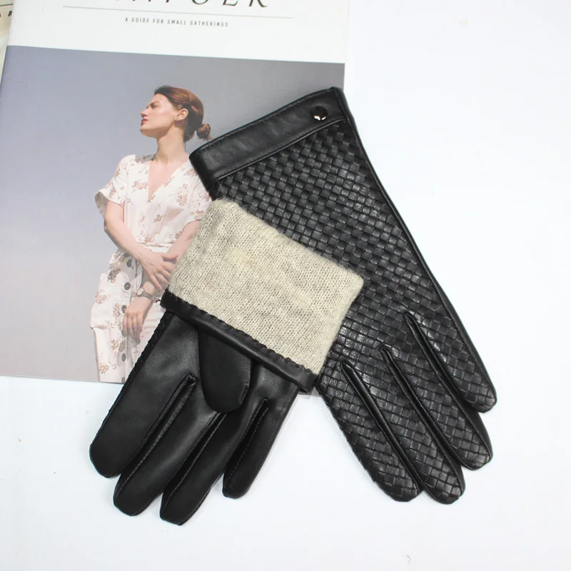 New Women's High end Sheepskin Gloves Touch screen Fashion Sheepskin Woven Warm Wool Knitted Lining Leather Driving Gloves