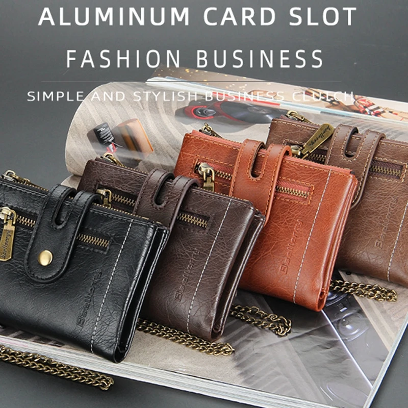 Men Wallet retro Leather gentleman Slim purse Pocket  Coin Pouch short Portable Card Holder Male Double Zipper money clip