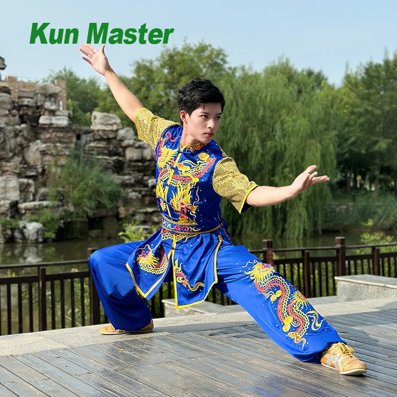 

Kung Fu Clothing Southern Fist Short Sleeve Long Fist Martial Arts Clothes Tai Chi Embroidered Dragon Competition Set Blue