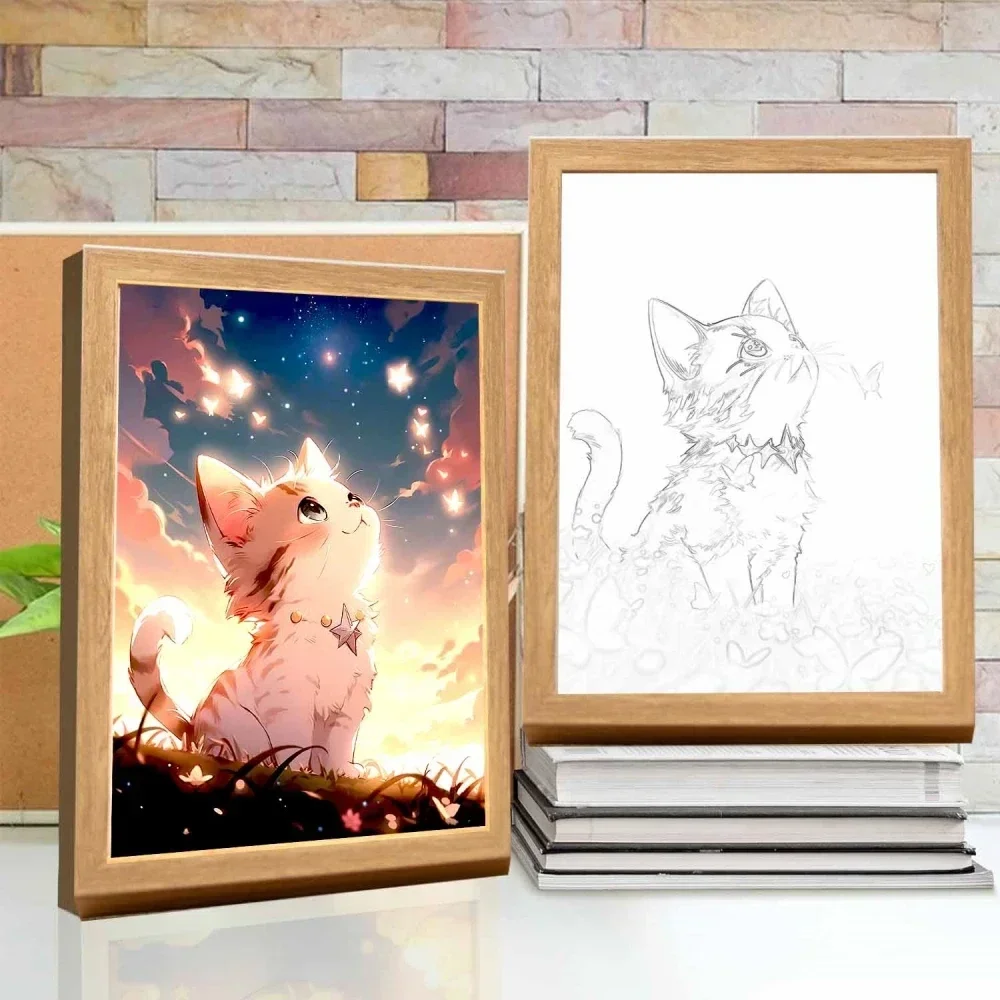 귀여운 고양이 Kawaii 애완 동물 라이트 페인팅 액자 Led 야간 조명 문 램프 룸 장식 홈 침실 친구 어린이 생일 선물
