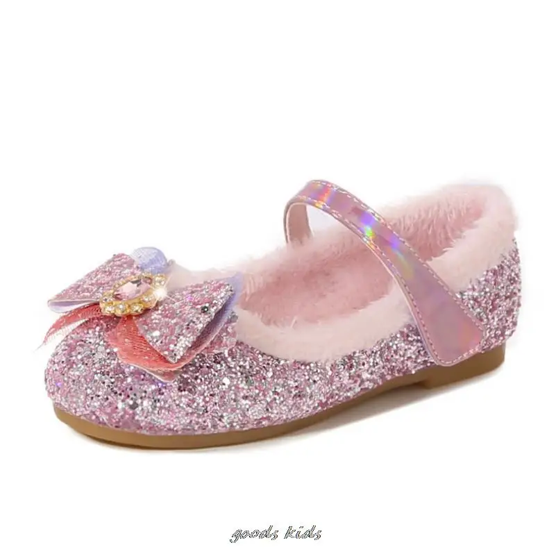 Disney Princess Elsa Fashion Autumn Winter Girls Shoes Warm Cotton Plush Fluffy Fur Kids Flats Children Loafers Birthday Gift