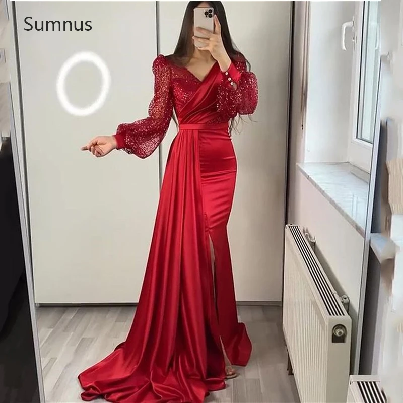 

Sumnus Red Mermaid Modern Prom Dress 2022 Slit Puff Sleeves Stain Glitter Evening Dresses Robes De Soirée Special Occasion