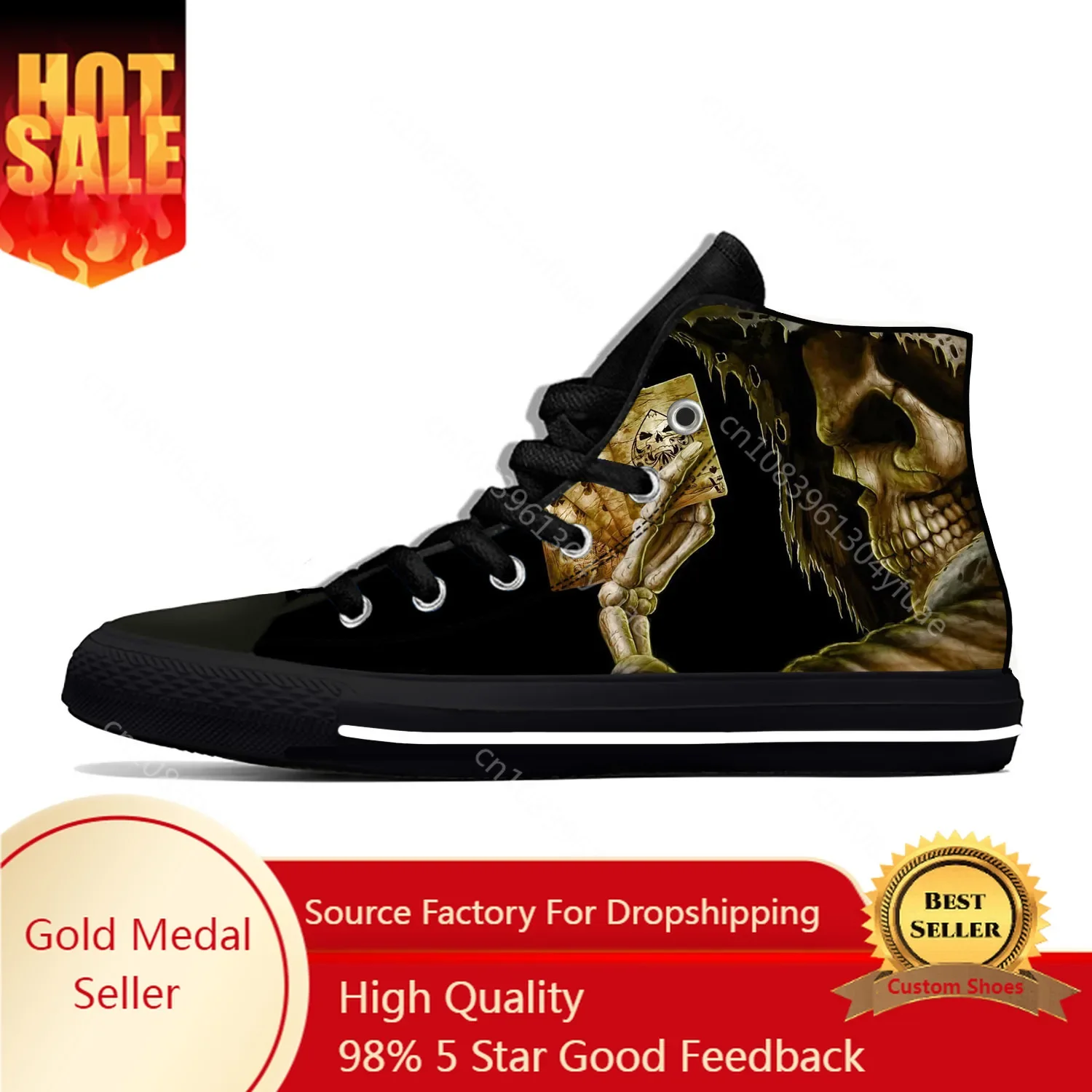 Hot Grim Reaper Death Skull Poker Skeleton Horror Casual Cloth Shoes High Top Lightweight Breathable 3D Print Men Women Sneakers