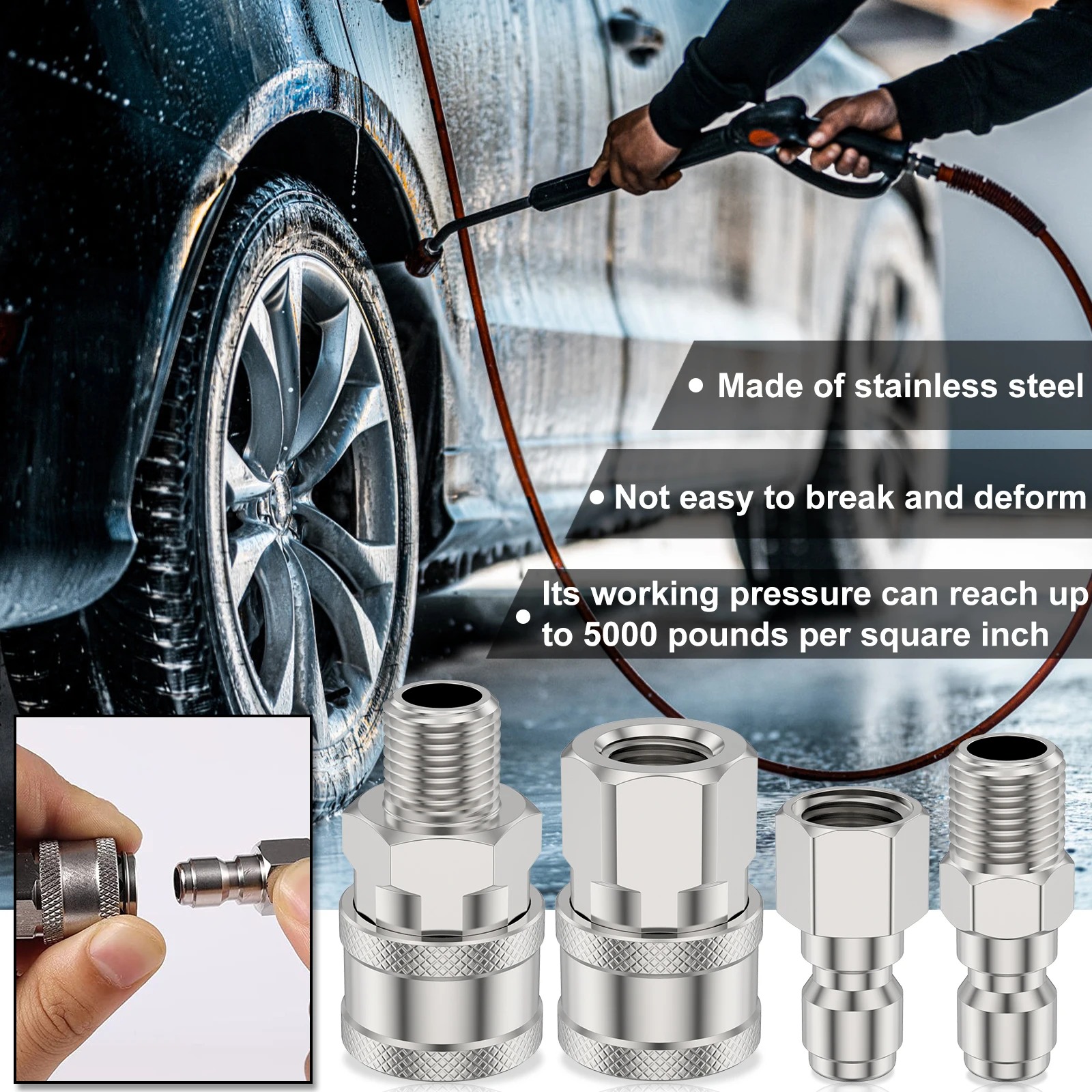 

4Pcs 5000PSI Male and Female 1/4 High Pressure Washer Connector Fittings Washer Hose Transfer Adapter Pressure Washer Adapter