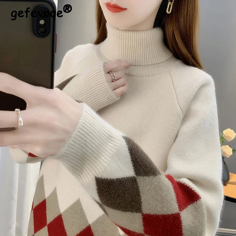 

2024 Autumn Winter Women Argyle Patchwork Turtleneck Thick Knitted Sweater Female Casual Long Sleeve Loose Pullover Tops Jumpers