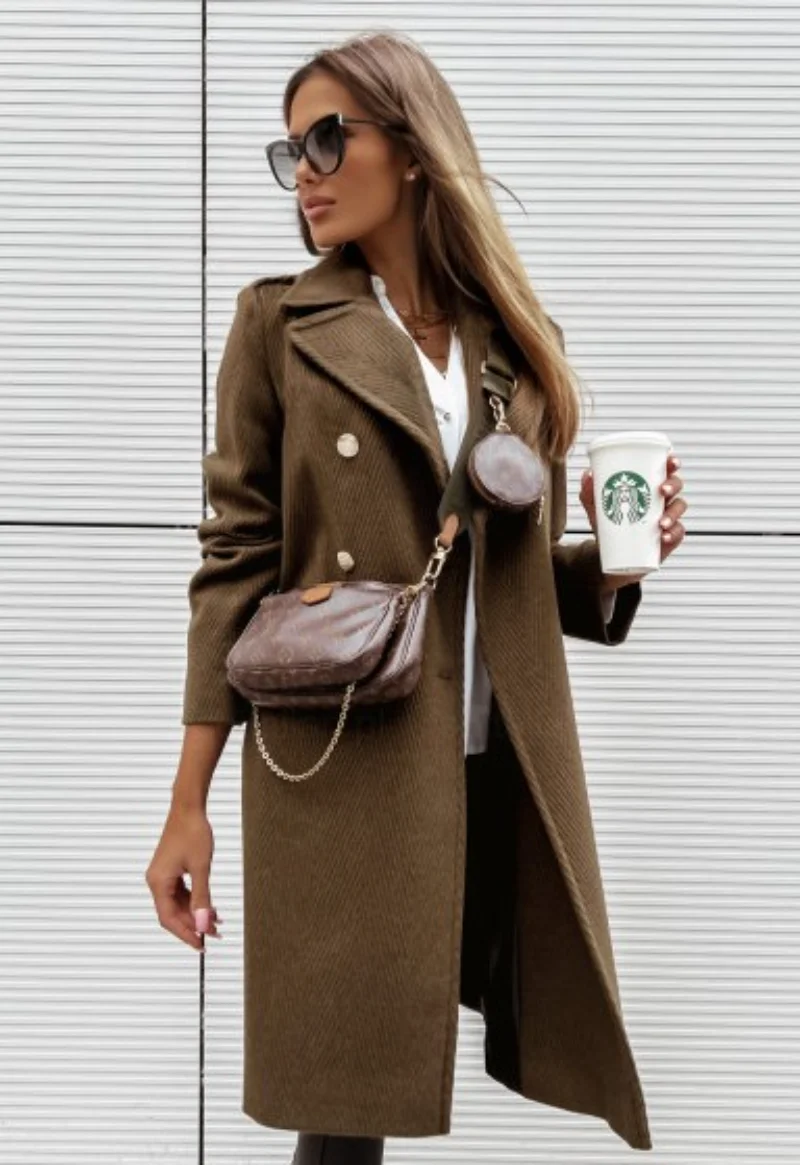 

Women Fashion Long Sleeve Casual Elegant Clothes 2022 Autumn Winter Double-breasted Lapel Slim Long Cashmere Coat 23574