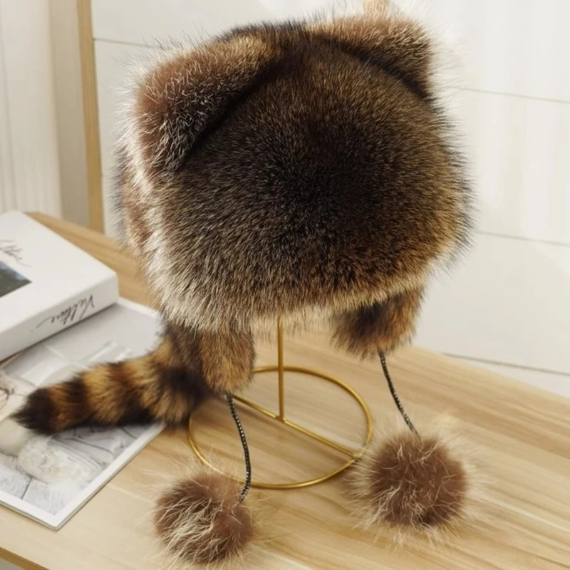 

Russian Plush Hat Winter Mongolian Hat Thicken Parent-Kids Raccoon Tail Hat for Adult Teens Keep Warm Hat
