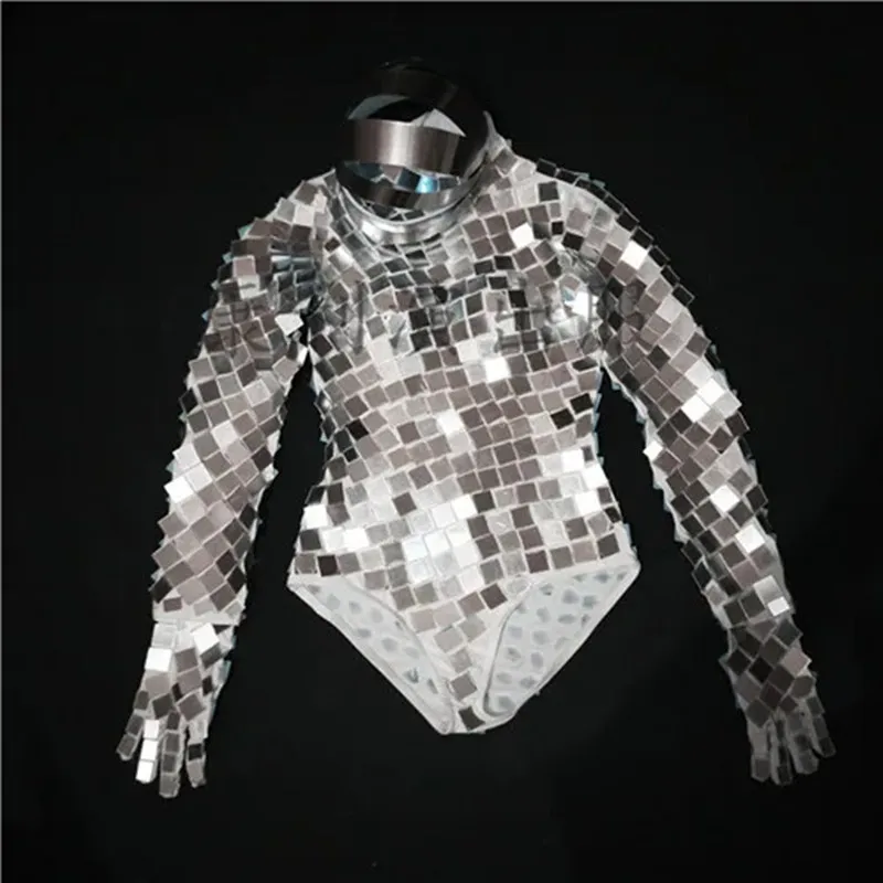 Shining Mirror Bodysuit+Gloves+Headdress Machine Dance Costume Silver Sequins Jumpsuit Lady DJ Singer Jazz Space Dance Costume