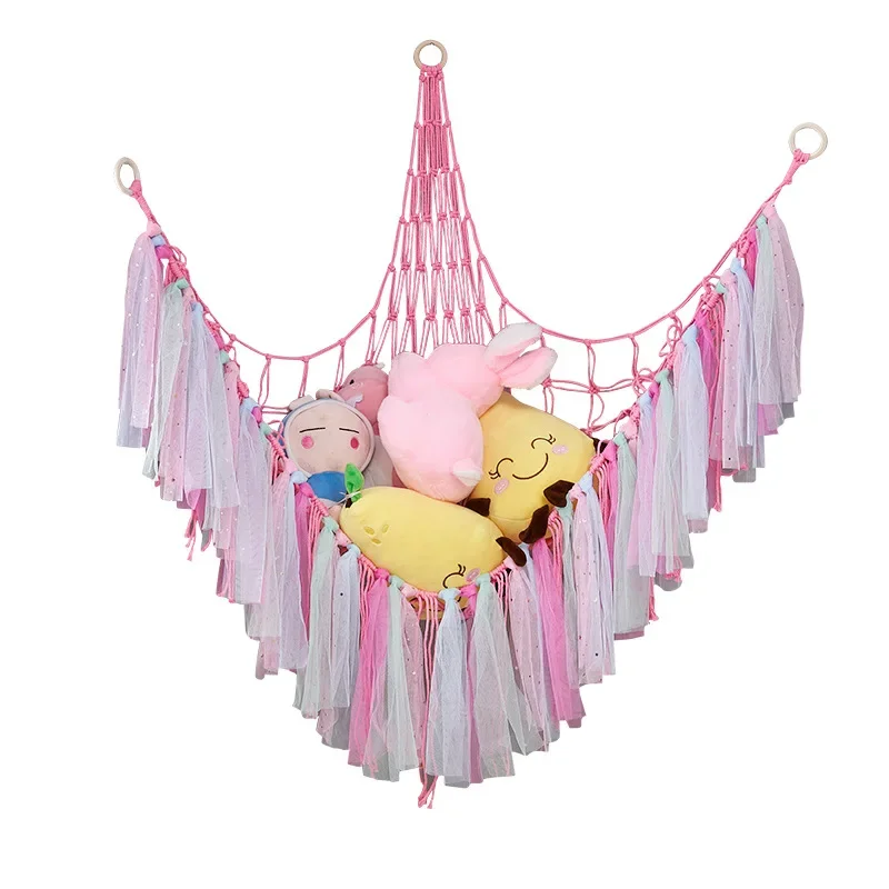 Handwoven Cotton Rope Triangle Toy Net Pocket Colorful Tassel Toy Storage Wall Pocket Cross-Border Crafted Organizer