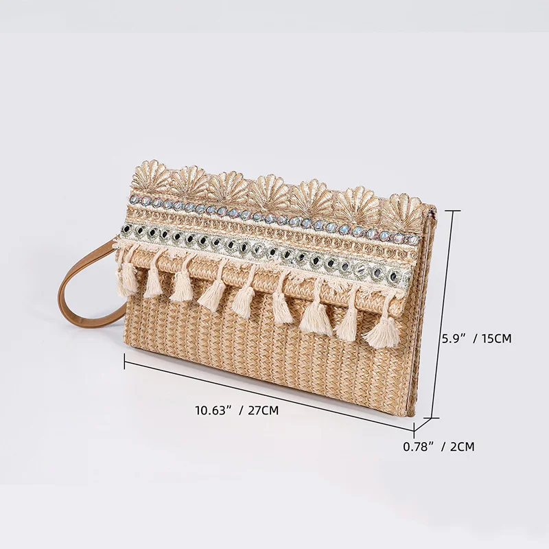 Rhinestone Tassel Straw Clutch Woman Fashion Woven Dinner Clip Bag Clutches Women's Summer Casual Vacation Phone Bag Coin Purse