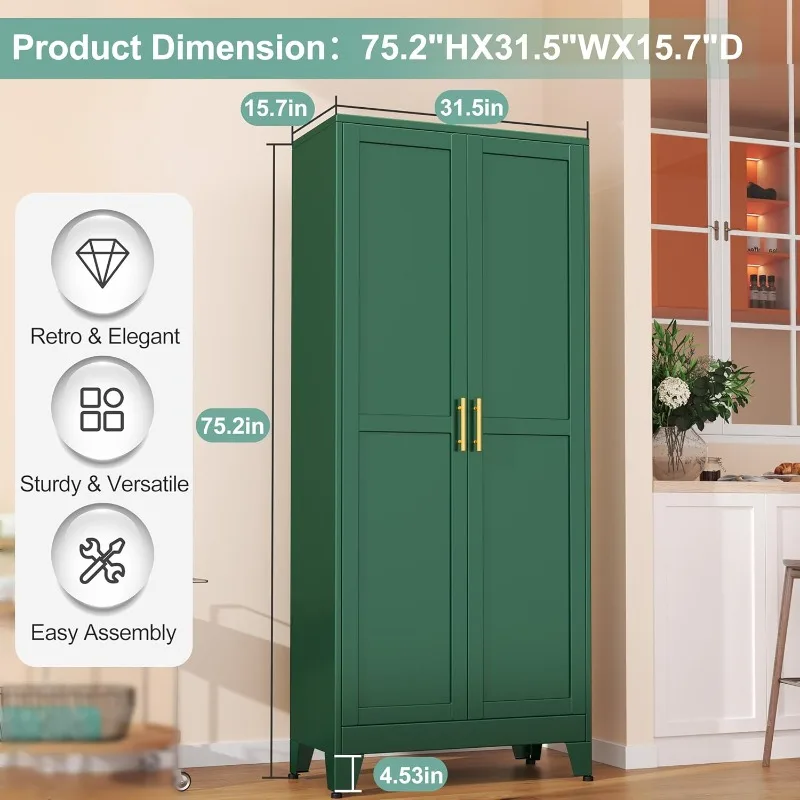 Metal Pantry Cabinet with 2 Doors and 5 Adjustable Shelves, 75" Kitchen Storage cabinets with Gold Handles, Versatile Storage
