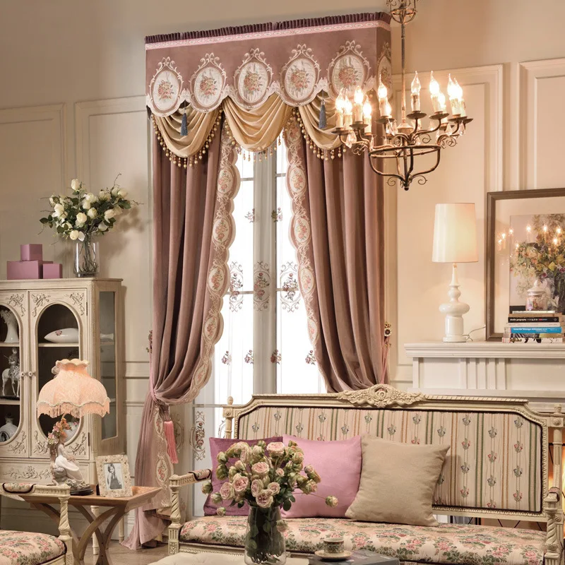 

European American Italian Curtains for Living Dining Room Bedroom Flannelette Embroidered Pink Piaochuang Villa High-end Window