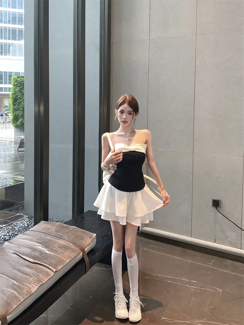 Sexy Striped Patchwork Short Dresses for Women Strapless Layered Ruffles A-line Bow Birthday Party Dress Korean Fashion Vestido