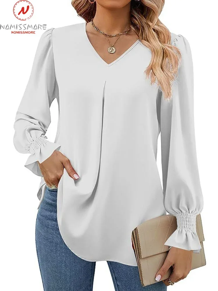 

Fashion Women Solid Color Chiffon Blouse Shrinkage Design V-Neck Flare Long Sleeve Autumn Loose Pullovers Top