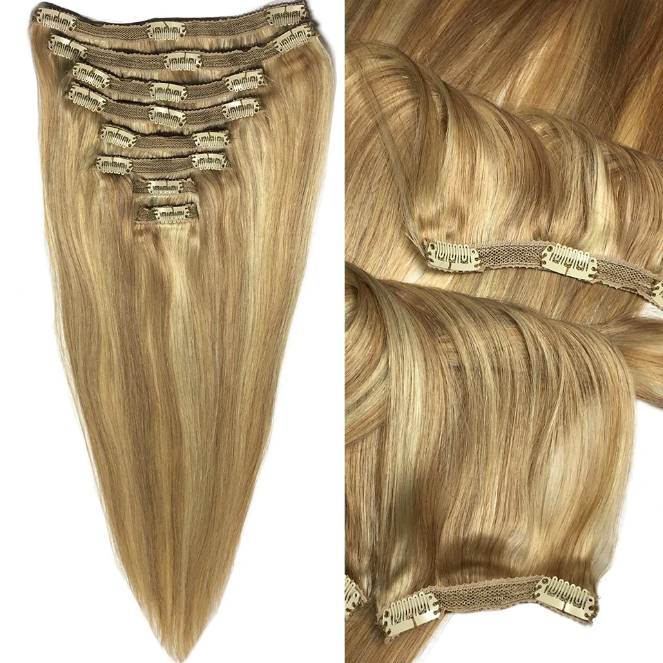 Clip In Straight Clip In Human Hair Extensions Color P8/613 Blonde Straight Brazilian Hair Extension Full Head for Women