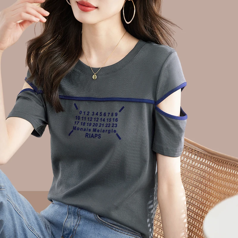 

LKSK Women's Summer New Women's Pure Cotton Short Sleeved T-shirt with a Covered Belly and Off Shoulder Design Short Top