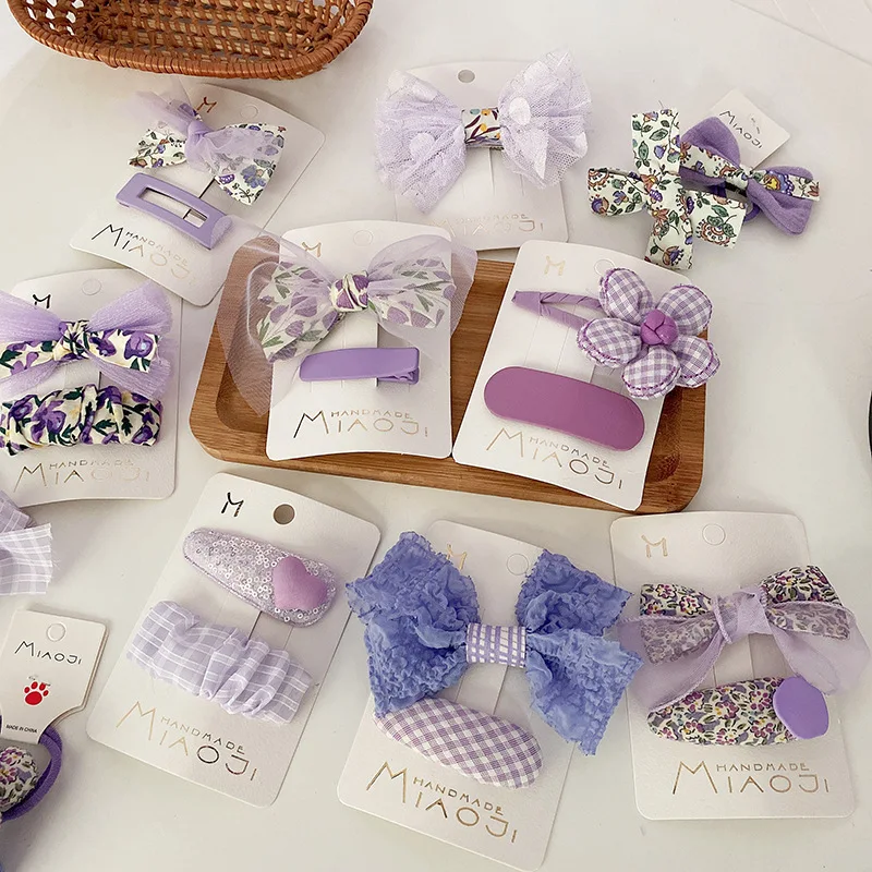 Korean Sweet Purple Bows Hairpins Fabric Floral Print Barrettes for Girls Hair Bands Headwear Girls Kids Hair Accessories