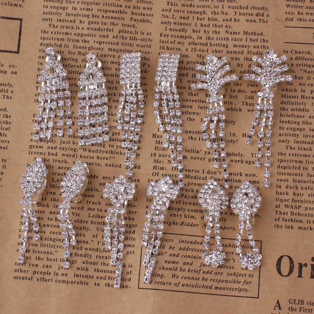 Rhinestone Crystal Long Tassel Tear Drop Geometric Flower Clip on Earrings No Pierced for Women Hypo-Allergenic Earring