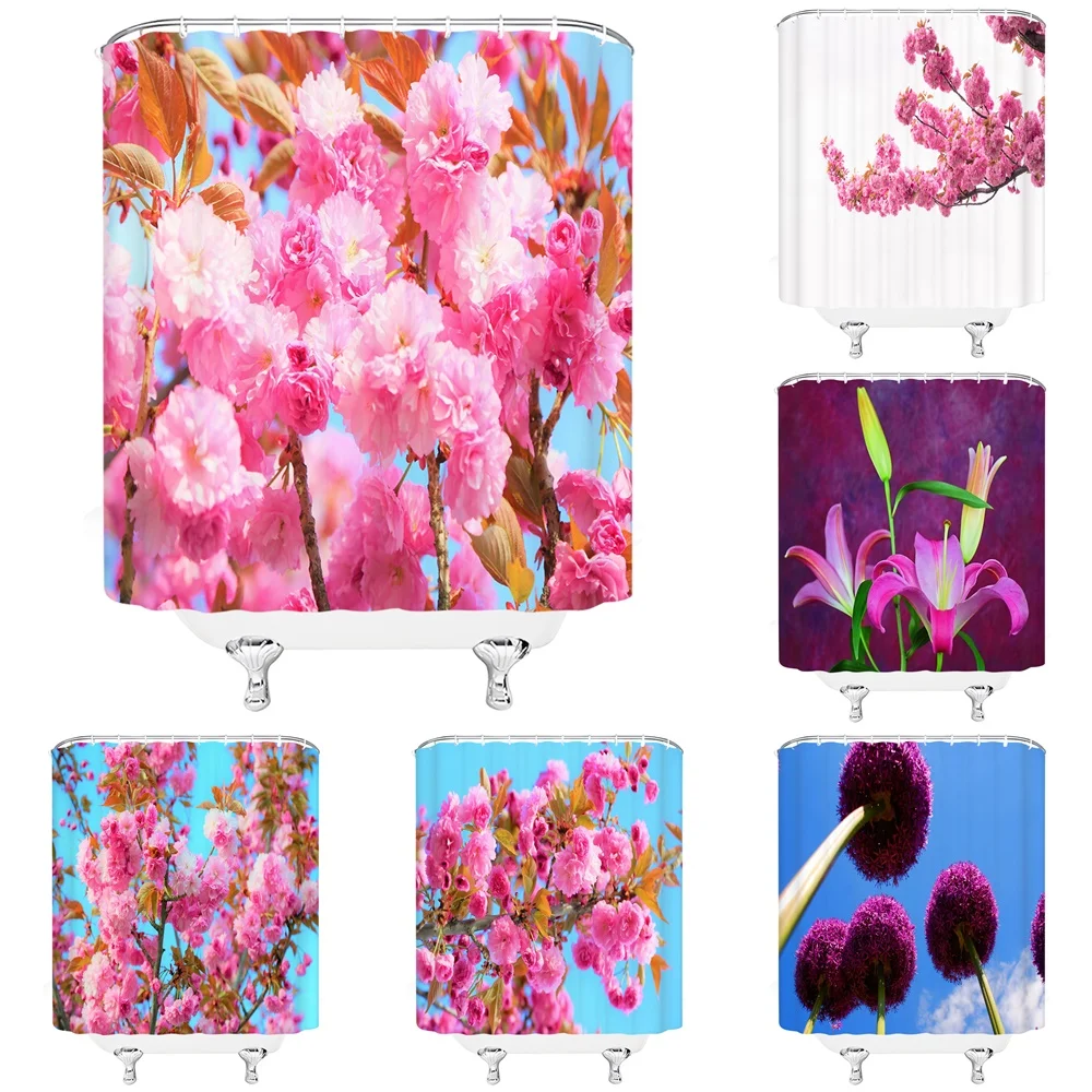 

Romantic Cherry Blossom Shower Curtains Pink Floral Lily Flowers Bathroom Decor Set Bathtub Hanging Curtain Polyester Waterproof