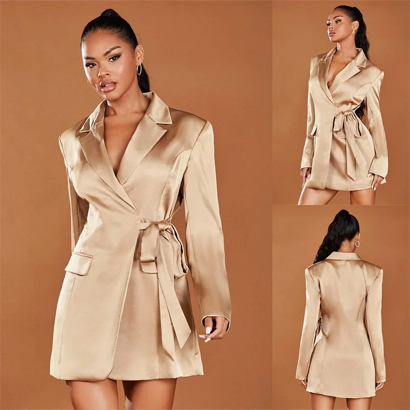 

Chic Champagne Women Suit Long Blazer With Belt Silk Satin Formal Office Lady Coat Jacket Prom Dress Custom Made Женский костюм