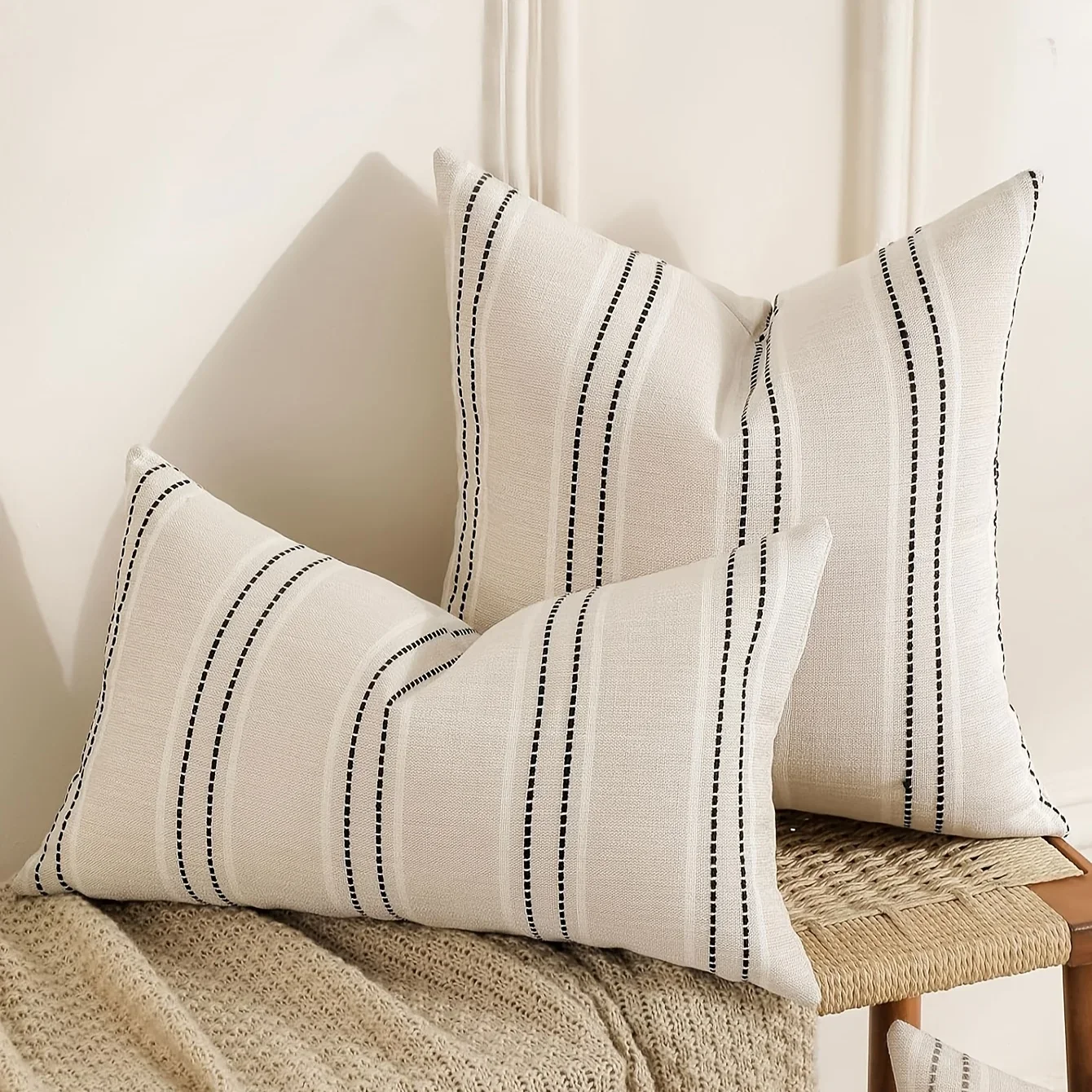 Bohemian Farmhouse Linen Throw Pillow Covers in Beige and White with Stripe Patterns – Elegant Decorative Cushion Cases for Sofa and Living Room Decor