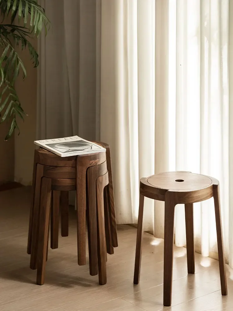 

Household black walnut windmill stool modern simple stackable solid wood round stool small-sized restaurant spare stool.