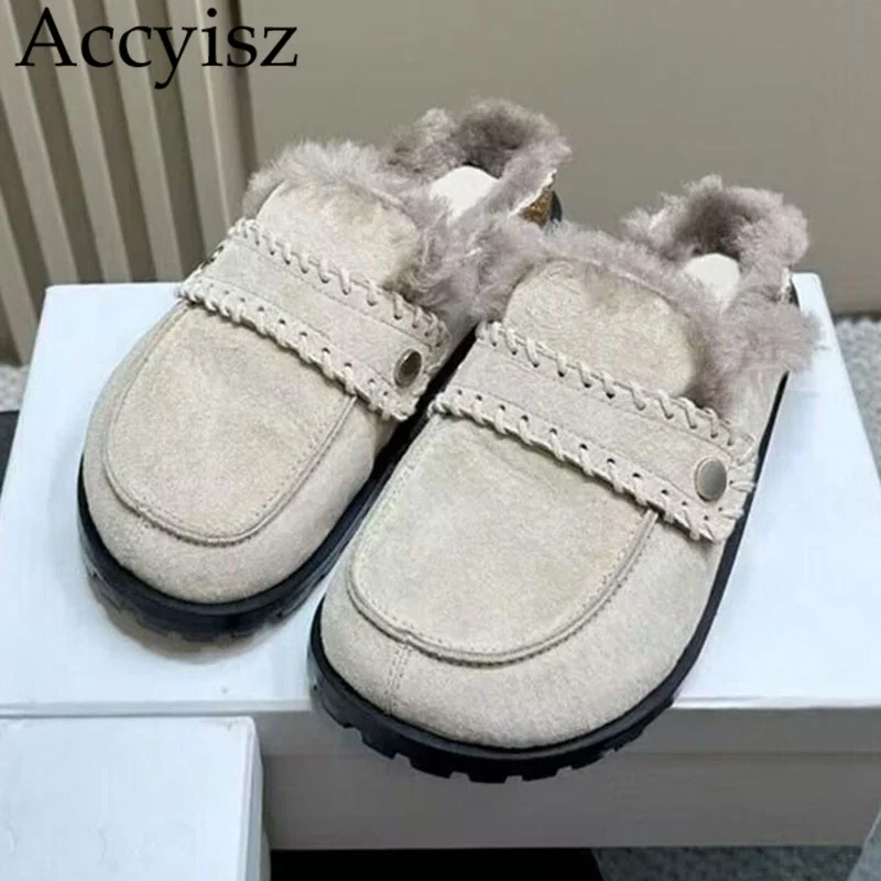 

Autumn Winter Flat Thick Bottom Closed Toe Fur Slippers Women Faux Suede Wool Lining Casual Shoes Non-slip Outdoor Lazyman Mules