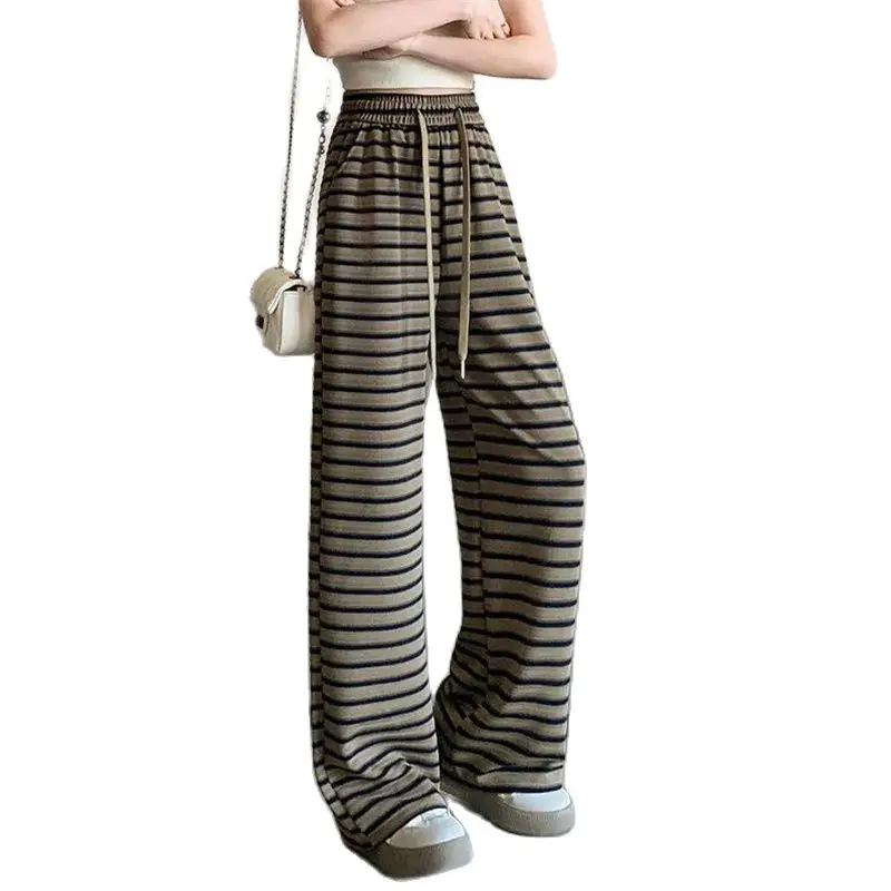 

Large Size Striped Wide Leg Pants for Women Spring Summer thin High Waisted Casual Pants Lazy style Straight leg Pants Trousers