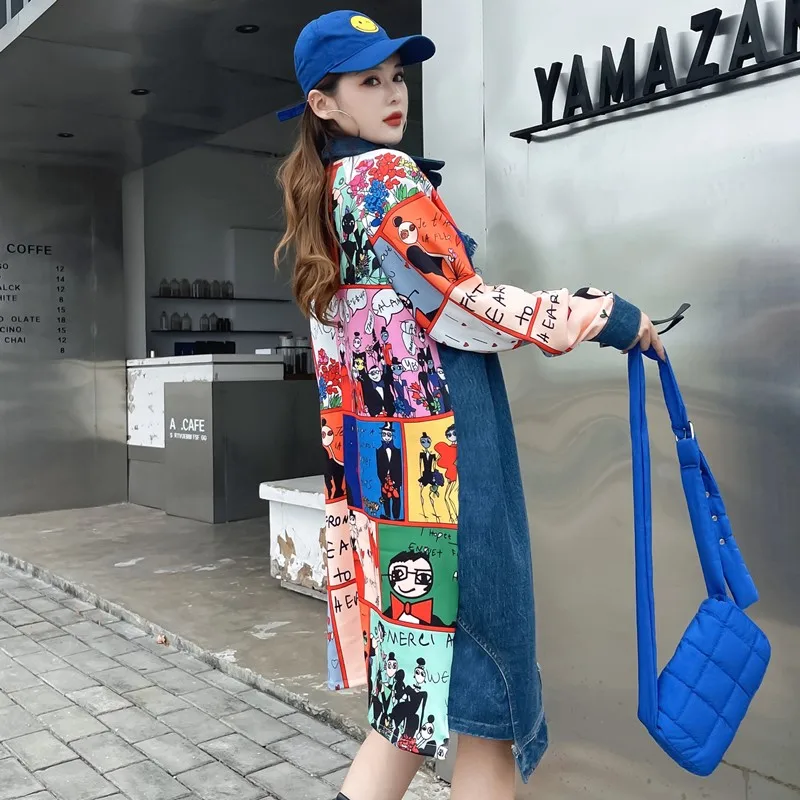 Loose Personality Stitching Printing Mid-Length Coat Women's Western Style Ripped Anti-Aging Top