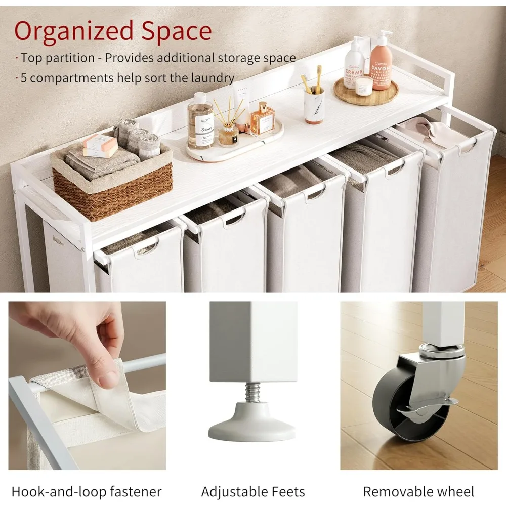 Laundry Hamper with Shelf, Laundry Basket 5 Section, Sorter with Pull-Out Removable Large Bags and Movable Wheels
