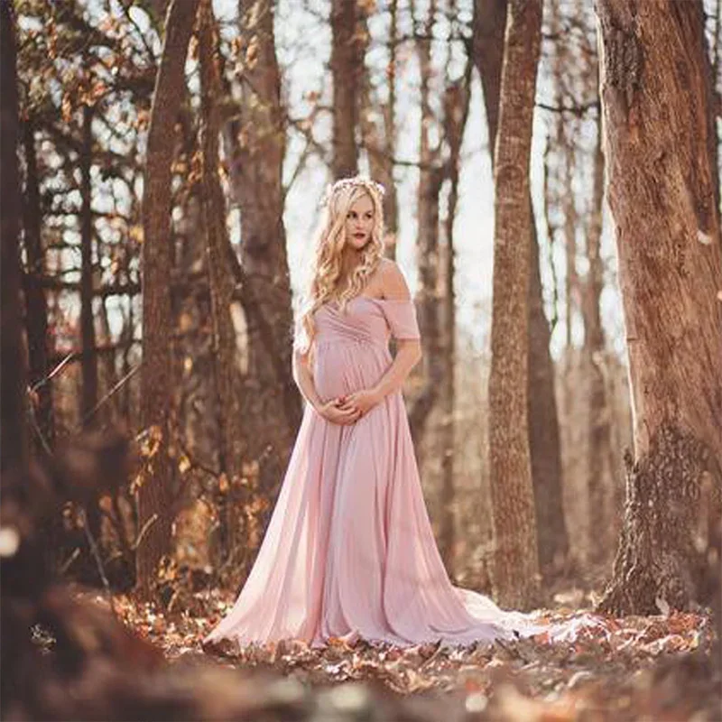 

Maternity Off Shoulders Half Circle Gown for Baby Shower Photo Props Dress Maternity photography Props Short Sleeve V-Neck Dress