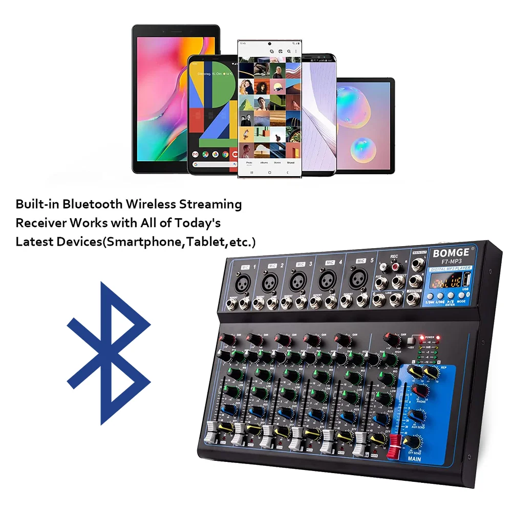 F7 7 Channel Bluetooth Portable Audio Mixer USB DJ Sound Mixing Console MP3 Jack 48V Power for Computer Recording Mixing BOMGE