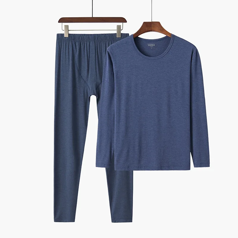 Comfort Soft 95% Bamboo Fiber Sleepwear For Sleeping Men Winter Pajama Long Sleeve Top And Trousers Set Solid Thermal Undershirt