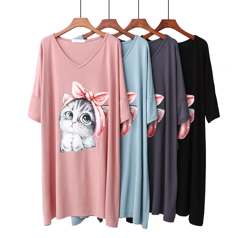 

New Modal Nightdress Women's Summer Loose Short Skirt Cartoon Printed V-neck Dress Wearing Pajamas Outside Comfortable Home