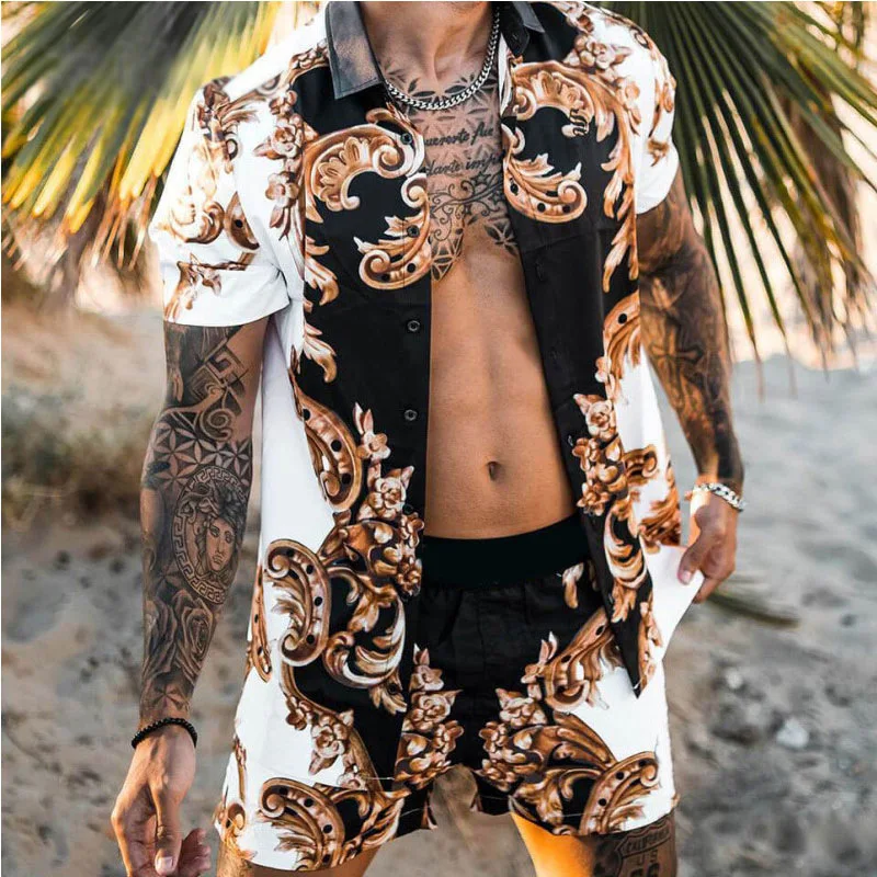 mens two piece sets 2022 Men Hawaiian Sets Printing Summer Short Sleeve Button Shirt Beach Shorts Streetwear Casual Mens Suit 2 Pieces INCERUN mens short sets Men's Sets