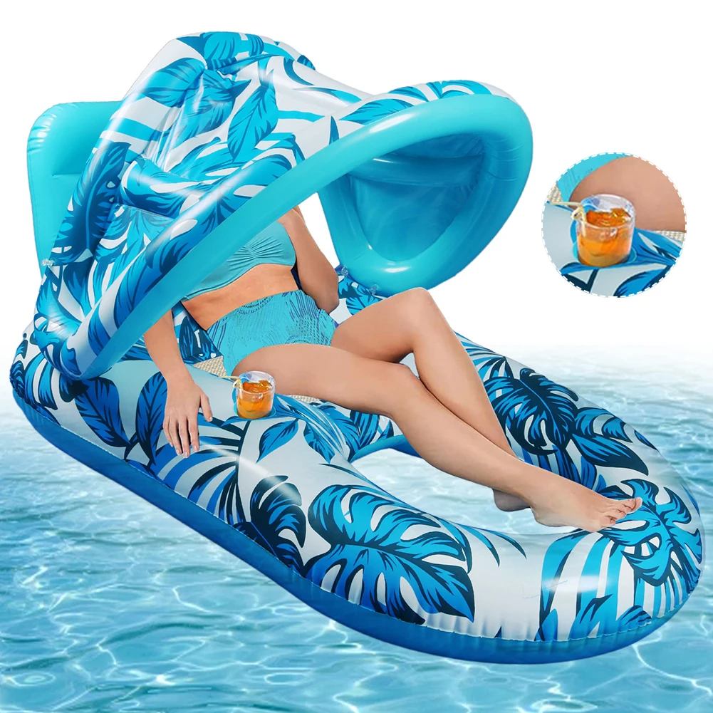 Inflatable Floating Bed with Sunshade Inflatable Water Sleeping Bed Floating Lounger Air Mattress for Swimming Pool Party 3