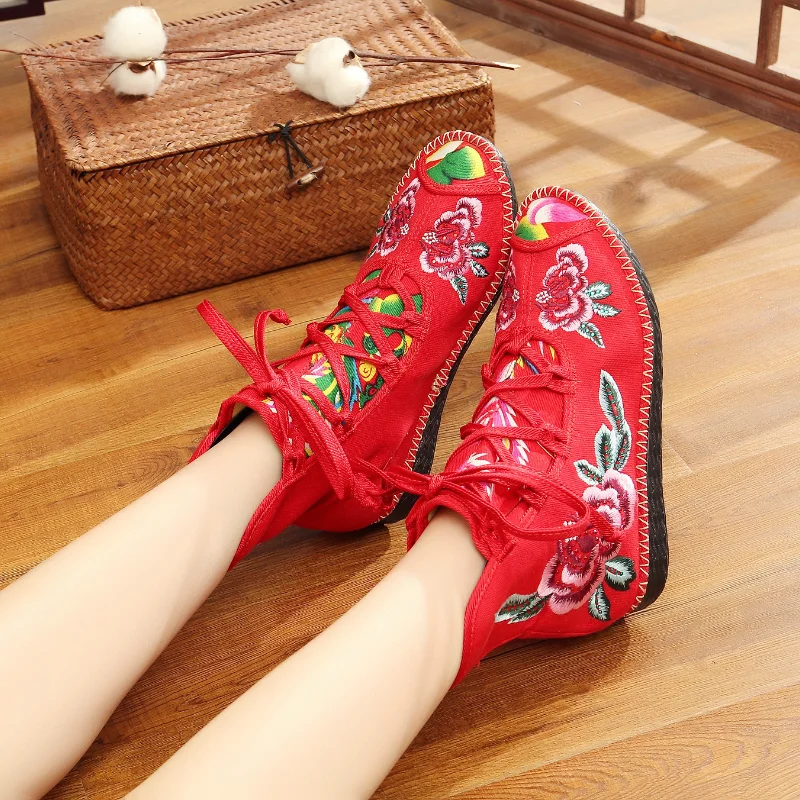 Vintage Flower Embroidered Women Canvas Boots Hidden Wedge Heel Ladies Platforms Shoes Comfort Booties Retro Boats De Mujer