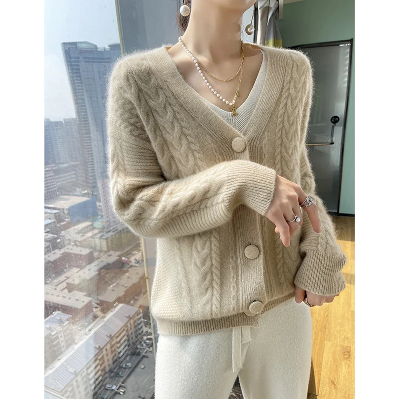 여성용 V넥 순수 캐시미어 가디건, 두꺼운 니트, 외부 착용, 느슨한 모직 스웨터, 가을 및 겨울