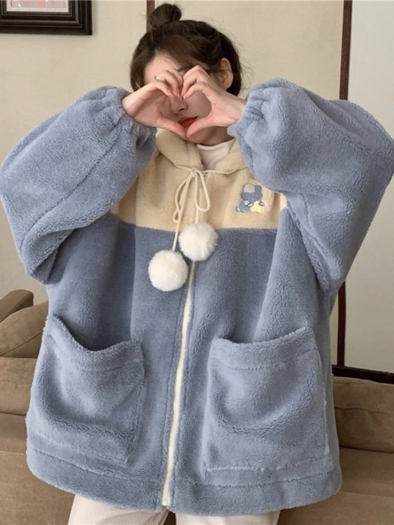 

2022 New Double-color Lambswool Cute Overcoat Autumn and Winter Collocation Ins Loose Gentle Languid Wind Plus Fleece Thicken