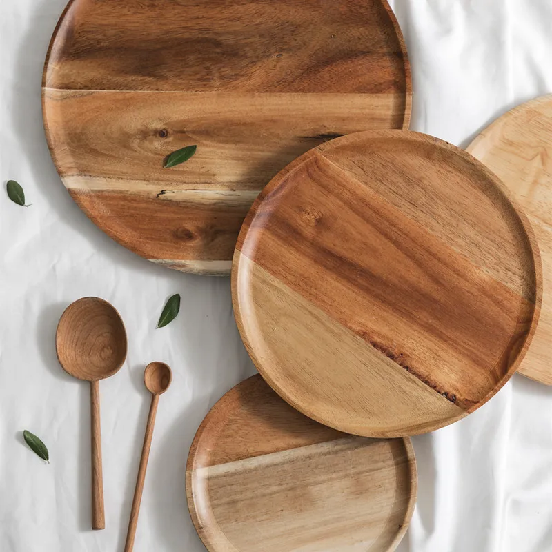 Wood Plates Serving Tray Family Solid Wood Plate Fruit Food Dish Snack Platter Round