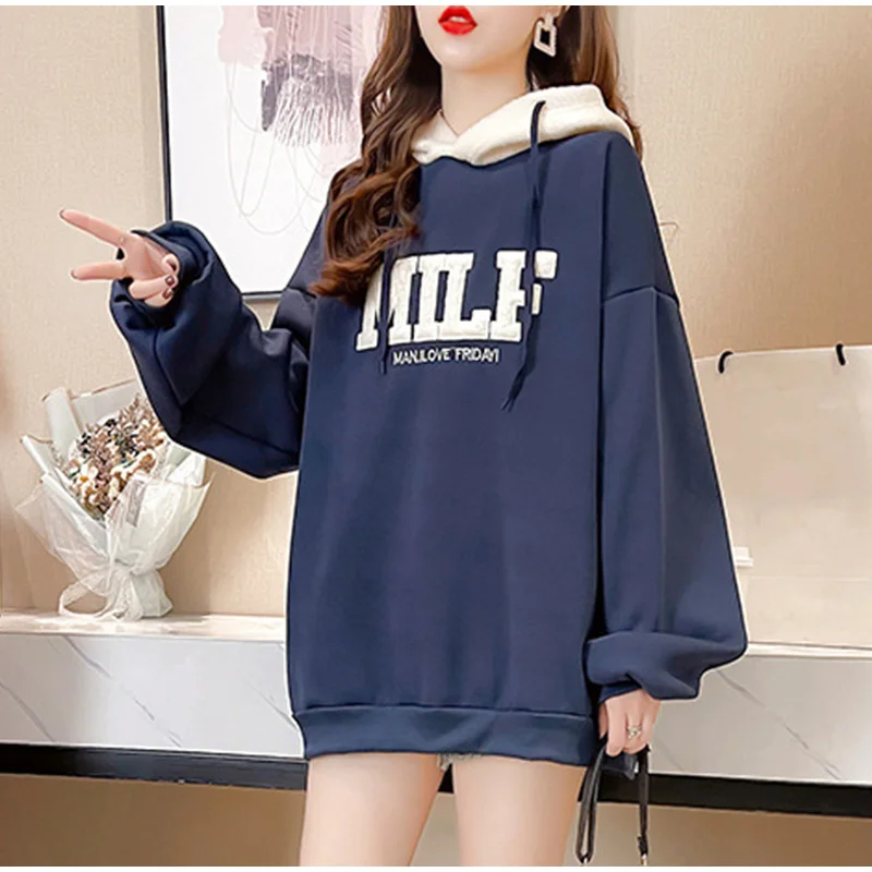 Letter Print Lamb Wool Hoodies Women Fleece Oversize Korean Style Sweatshirts Female 2023 Autumn Girls Casual Pullovers Kpop